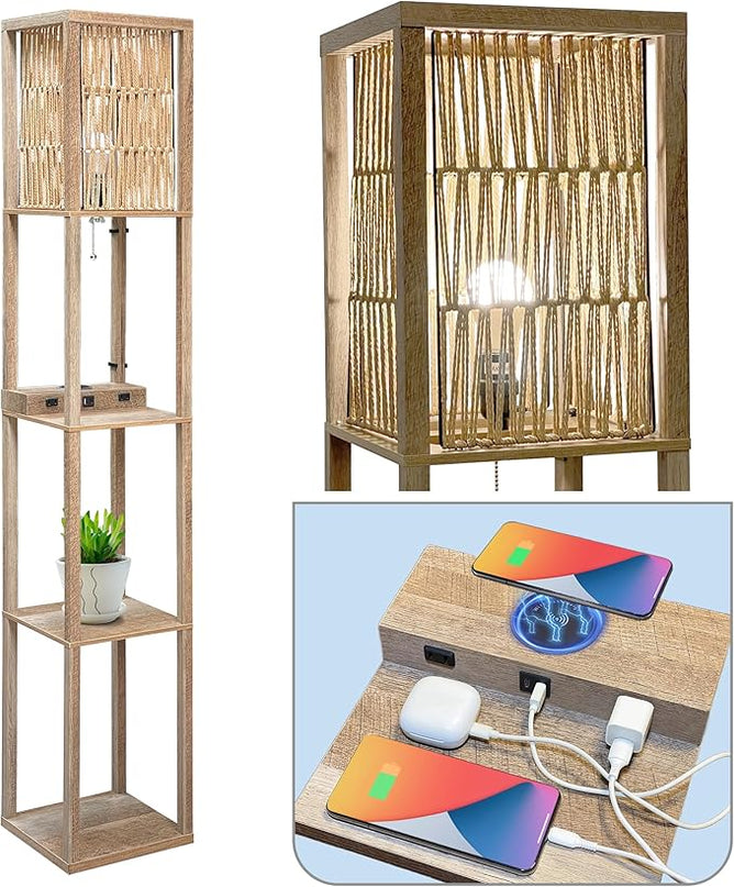 Fovara - Boho Floor Lamp with Rattan Shade - Shelves Floor Lamps for Living Room - Bohemian Light with Natural Wood Shelf - Decoration for Bedrooms with Charging Base, USB Port, and Power Socket - LeafyLoom
