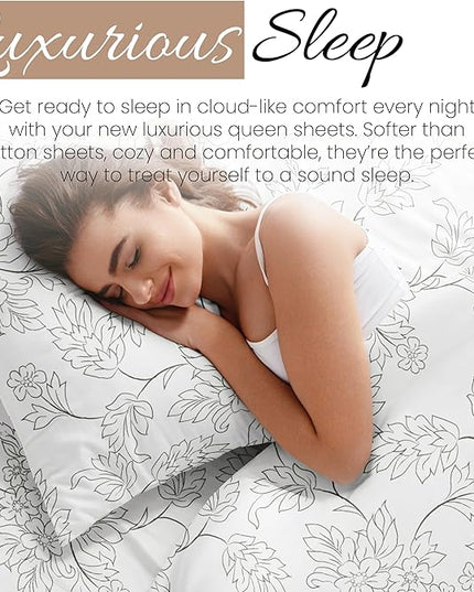 Simply Soft 4 Piece Sheet Set Vines Patterned, Queen, Vines Gray (SS-4PC-VIN-QUEEN-GR) - LeafyLoom