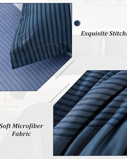 WONGS BEDDING Navy Blue Comforter Set Queen, Reversible Striped Patchwork Down Alternative Comforter,3 Pieces (1 Comforter+2 Pillowcases), Soft Microfiber Bedding Duvet Insert Set 90"×90" - LeafyLoom