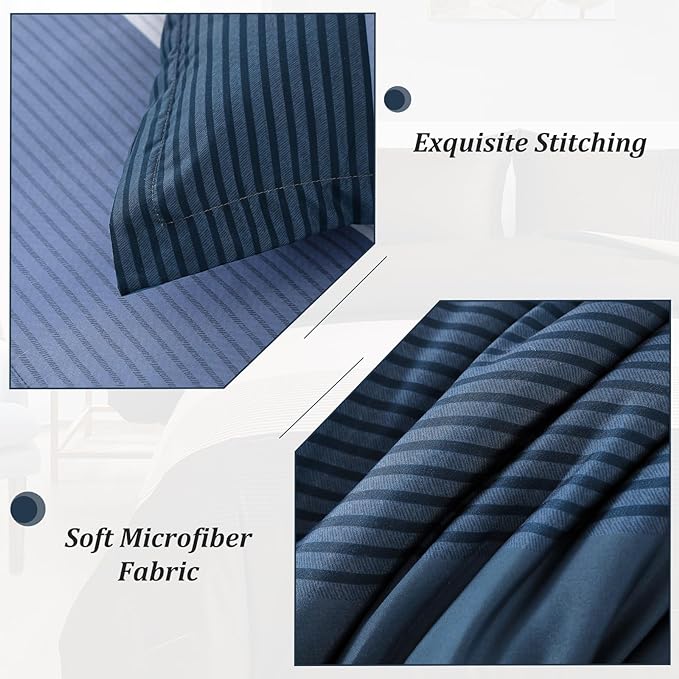 WONGS BEDDING Navy Blue Comforter Set Queen, Reversible Striped Patchwork Down Alternative Comforter,3 Pieces (1 Comforter+2 Pillowcases), Soft Microfiber Bedding Duvet Insert Set 90"×90" - LeafyLoom