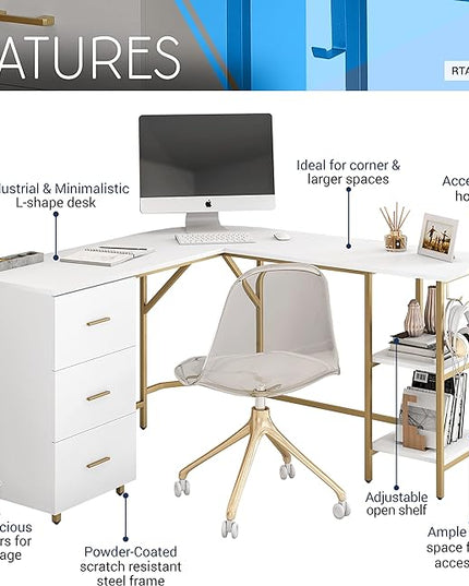 Techni Mobili L Shaped Desk - Two-Toned Computer Desk with Drawers & Storage Shelves - Simple Modern Furniture & Home Office Space Corner Table for Work & Writing - LeafyLoom