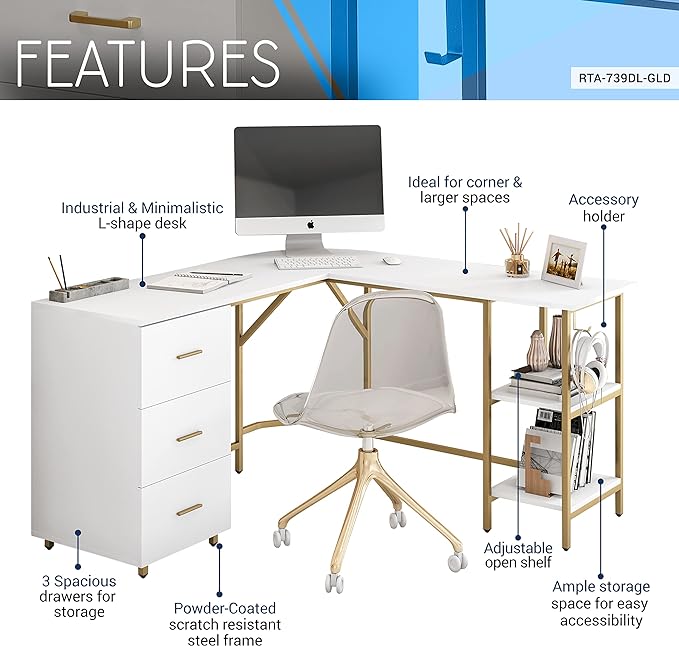 Techni Mobili L Shaped Desk - Two-Toned Computer Desk with Drawers & Storage Shelves - Simple Modern Furniture & Home Office Space Corner Table for Work & Writing - LeafyLoom
