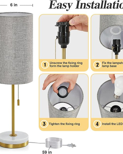 Luvkczc Minimalist Table Lamp Set of 2, Nightstand Lamp for Bedroom Living Room, Modern Pull Chain Bedside Lamp with Marble Base, Fabric Shade, Small Desk Lamp for Home, Office, Reading,Grey - LeafyLoom