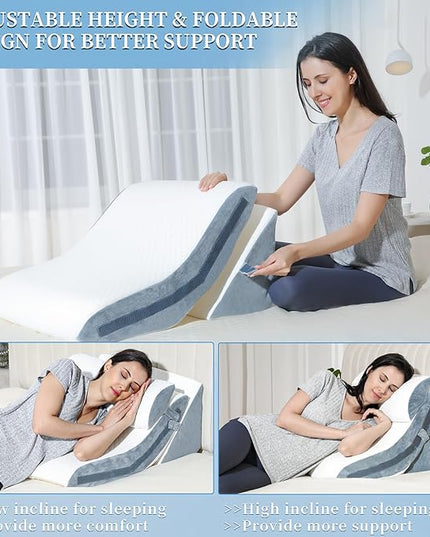Bed Wedge Pillow for Sleeping 3PCS, 20-in-1 Adjustable Memory Foam Wedge Pillow for Acid Reflux, 3-in-1 Incline Wedge Pillow for After Surgery, Snoring, Back Pain(Grey) - LeafyLoom