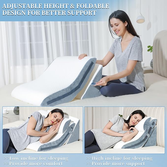 Bed Wedge Pillow for Sleeping 3PCS, 20-in-1 Adjustable Memory Foam Wedge Pillow for Acid Reflux, 3-in-1 Incline Wedge Pillow for After Surgery, Snoring, Back Pain(White) - LeafyLoom