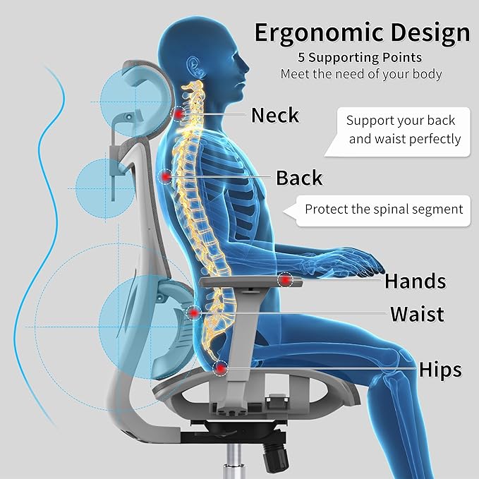 Ergonomic Office Chair with 3D Armrest, Big and Tall Computer Desk Chair with Adjustable Headrest, Seat Depth, Lumbar Support, Home Office Gaming Chair Light Grey - LeafyLoom