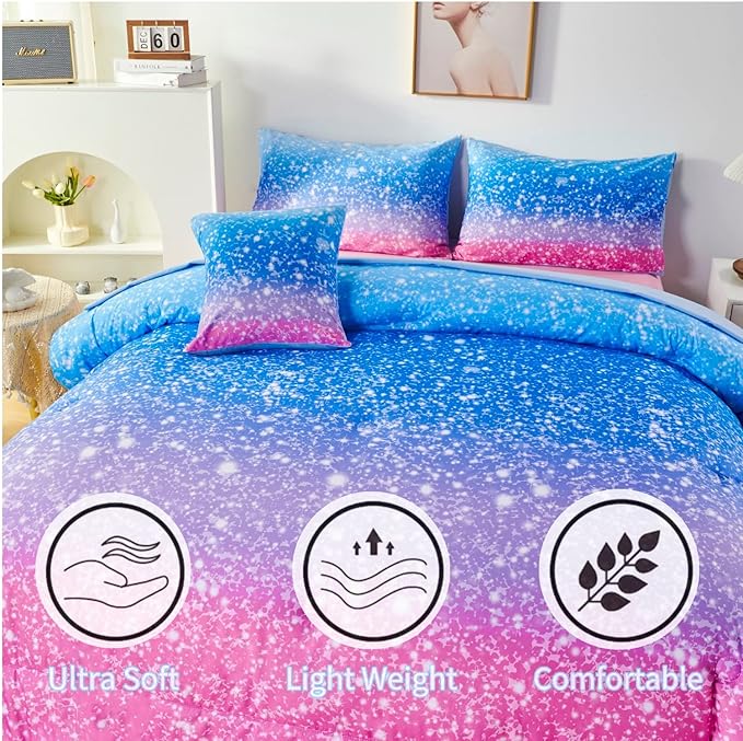 RYNGHIPY 6Pcs Sparkle Gradient Glitter Comforter Sets, Ombre Indigo Pink Gradient Bedding Set for Boys Girls, Rainbow Bed in A Bag Full Size - LeafyLoom