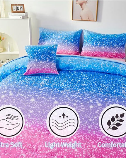 RYNGHIPY 6Pcs Sparkle Gradient Glitter Comforter Sets, Ombre Indigo Pink Gradient Bedding Set for Boys Girls, Rainbow Bed in A Bag Queen Size - LeafyLoom