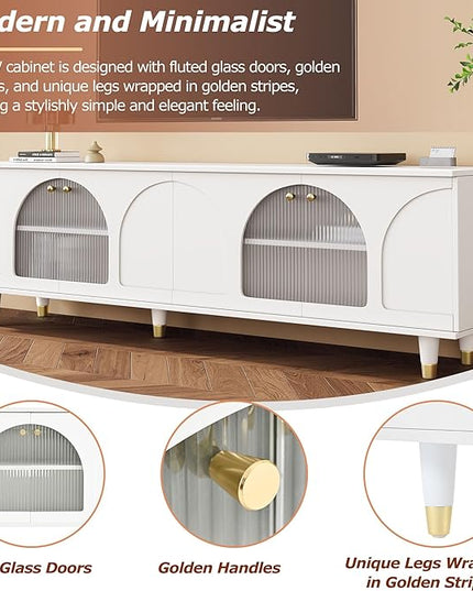 Merax Contemporary TV Stand with Adjustable Shelves, Gold Handles and Arch Fluted Glass Doors for Televisions Up to 78'', Stylish Media Console, Delicate Entertainment Center for Living Room, White - LeafyLoom