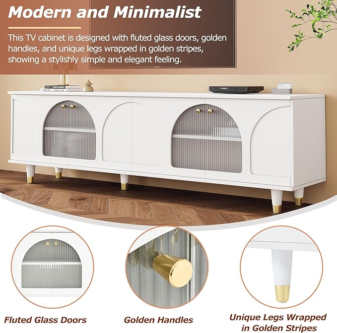 Merax Contemporary TV Stand with Adjustable Shelves, Gold Handles and Arch Fluted Glass Doors for Televisions Up to 78'', Stylish Media Console, Delicate Entertainment Center for Living Room, White - LeafyLoom