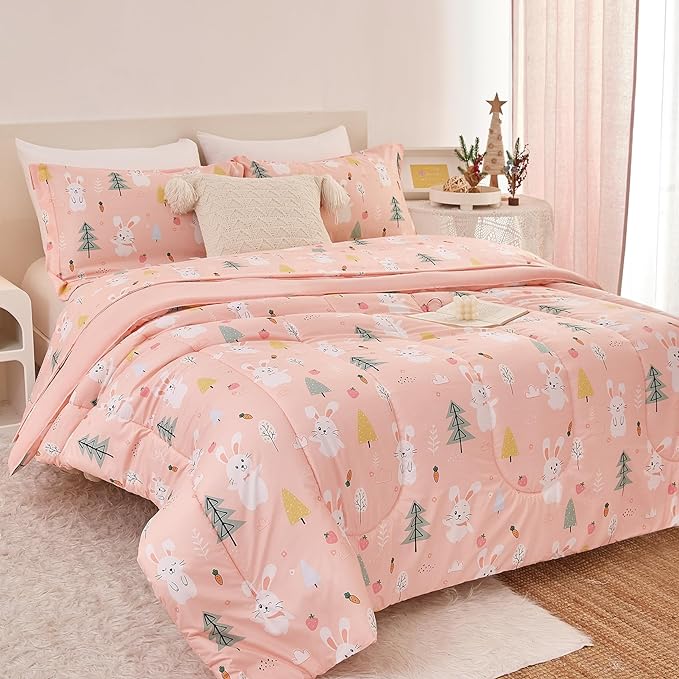 Pink Bunny Kids Comforter Set for Girls Twin, Cute Reversible Quilted Printed Woodland Bedding Set with Pillow Sham, Lightweight Soft Breathable Machine Washable Bed Set 2 Piece - LeafyLoom