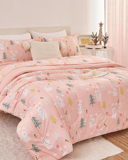 Pink Bunny Kids Comforter Set for Girls Full Size, Cute Reversible Quilted Printed Woodland Bedding Set with Pillow Sham, Lightweight Soft Breathable Machine Washable Bed Set 3 Piece - LeafyLoom