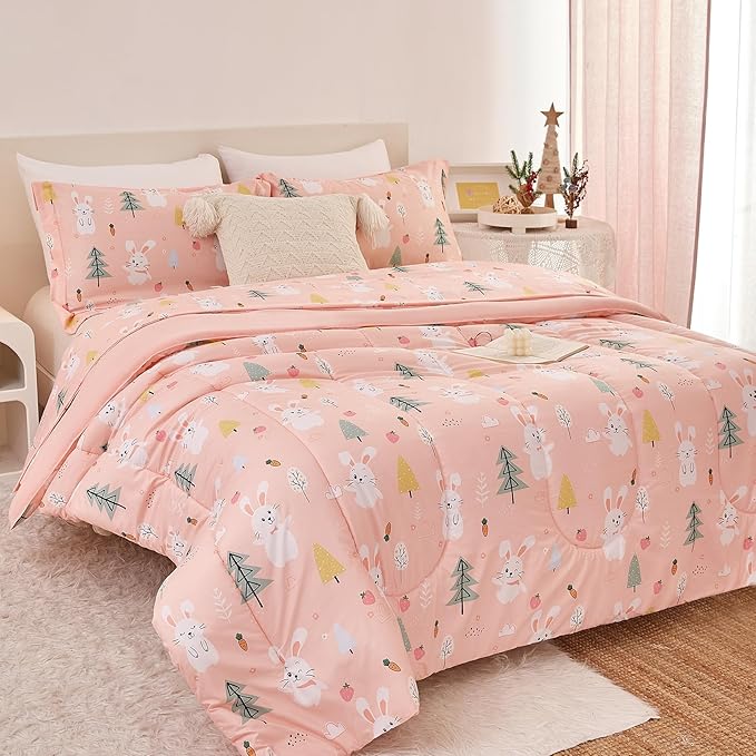 Pink Bunny Kids Comforter Set for Girls Full Size, Cute Reversible Quilted Printed Woodland Bedding Set with Pillow Sham, Lightweight Soft Breathable Machine Washable Bed Set 3 Piece - LeafyLoom