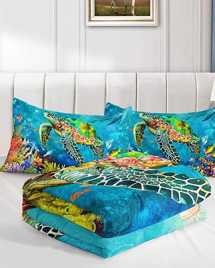 Kids Turtle Rose Comforter Set Queen Beach Theme Jellyfish Starfish Bedding Set Sea Animal Reptile Bed Set with 2 Pillowcases for Boys Girls Room Decor - LeafyLoom