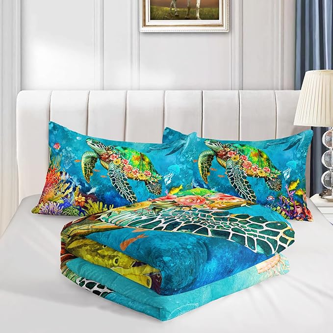 Kids Turtle Rose Comforter Set Queen Beach Theme Jellyfish Starfish Bedding Set Sea Animal Reptile Bed Set with 2 Pillowcases for Boys Girls Room Decor - LeafyLoom