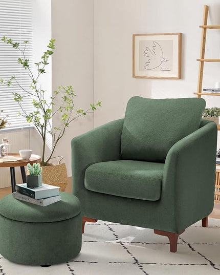 COLAMY Sherpa Accent Chair with Storage Ottoman Set, Upholstered Barrel Arm Chair with Footrest, Modern Living Room Chair with Back Pillow, Green - LeafyLoom