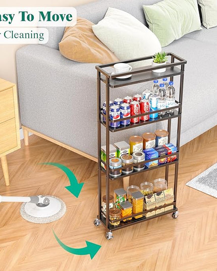 Slim Storage Cart 4 Tier Narrow Kitchen Rolling Cart on Wheels for Small Space, Mobile Spice Rack Seasoning Organizer Utility Serving Cart for Kitchen Bathroom Laundry, Black - LeafyLoom