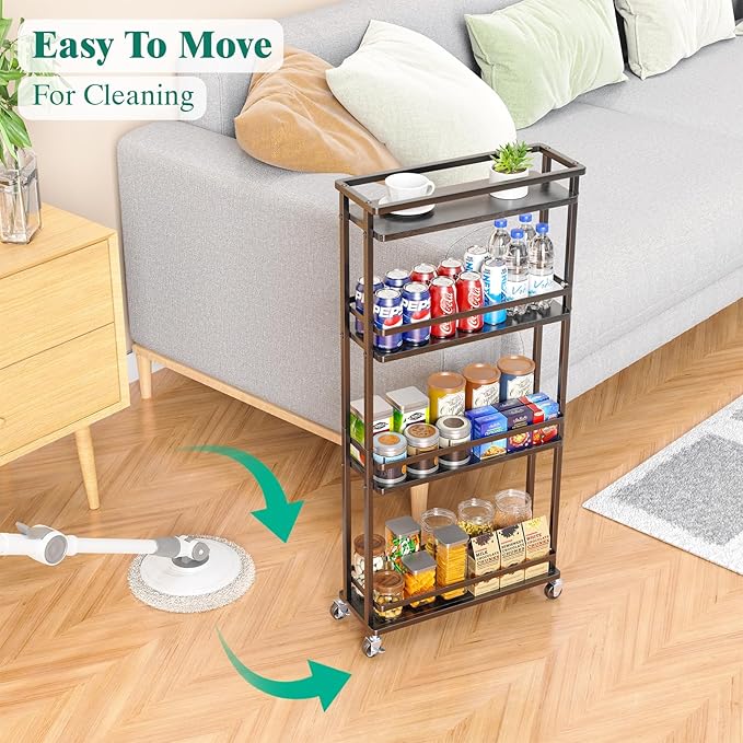 Slim Storage Cart 4 Tier Narrow Kitchen Rolling Cart on Wheels for Small Space, Mobile Spice Rack Seasoning Organizer Utility Serving Cart for Kitchen Bathroom Laundry, Black - LeafyLoom