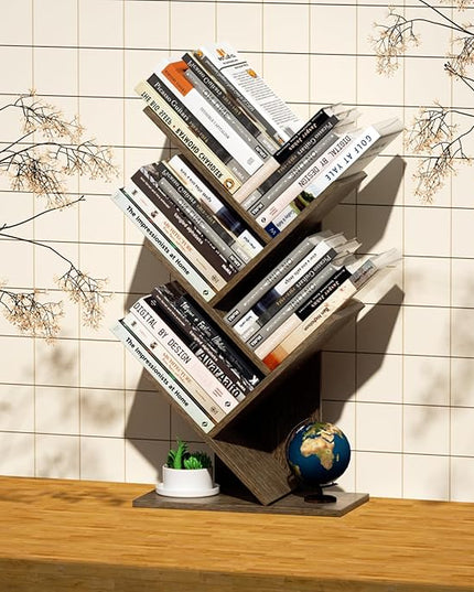 5 Tier Small Tree Bookshelf Desk Book Organizer Narrow Bookcases for Books Magazines CDs Free Standing Retro Wooden Storage Shelves for Home Office Bedroom Living Room Oak Grey - LeafyLoom