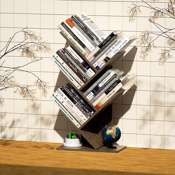 5 Tier Small Tree Bookshelf Desk Book Organizer Narrow Bookcases for Books Magazines CDs Free Standing Retro Wooden Storage Shelves for Home Office Bedroom Living Room Oak Grey - LeafyLoom