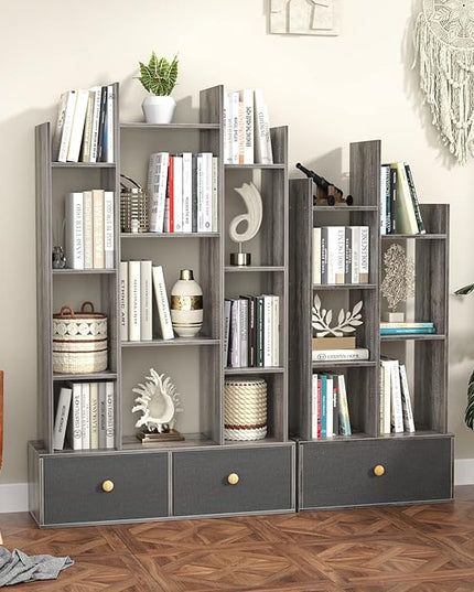 Unikito Book Shelf with 2 Drawers Free Standing Bookcase, Office Storage Shelf Organizer with 12 Open Bookshelf, Industrial Wood Book Case Display Rack for Bedroom, Living Room Home Office, Gray Oak - LeafyLoom