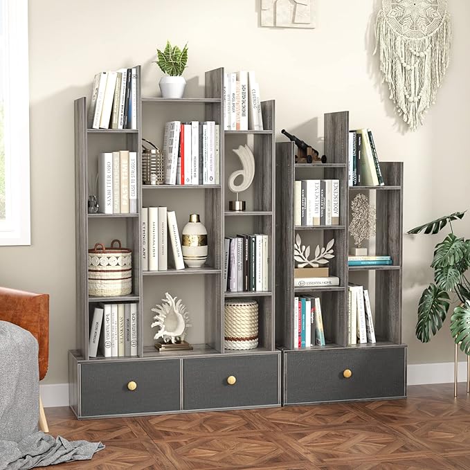 Unikito Book Shelf with 2 Drawers Free Standing Bookcase, Office Storage Shelf Organizer with 12 Open Bookshelf, Industrial Wood Book Case Display Rack for Bedroom, Living Room Home Office, Gray Oak - LeafyLoom