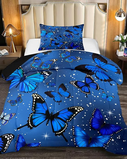 Blue Butterfly Comforter, Butterfly Bedding Set for Girls, Blue Butterflies with Sky Stars Prints Comforter Set for Women Girls Butterfly Bedding Twin Size Quilt Set, 1 Comforter + 1 Pillowcase - LeafyLoom
