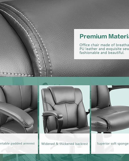Executive Office Chair Mid Back Swivel Computer Task, Ergonomic Leather-Padded Desk Seats with Lumbar Support,Armrests, Gray - LeafyLoom