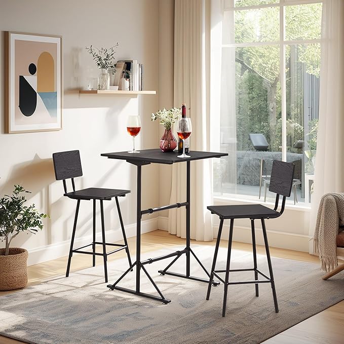 VECELO 3-Piece Bar Table Chairs, Square Counter Height Bistro Dinette Sets with 2 Barstools for Kitchen, Breakfast Nook, Small Spaces, Black - LeafyLoom