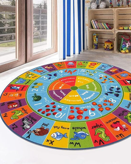HEBE Kids Play Rug 4ft ABC Alphabet Numbers Shapes Educational Kid Area Rug Washable Baby Crawling Mat Non Slip Kid Play Mat Carpet for Girl Boy Bedroom Playroom - LeafyLoom