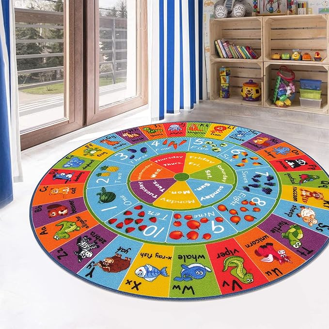 HEBE Kids Play Rug 4ft ABC Alphabet Numbers Shapes Educational Kid Area Rug Washable Baby Crawling Mat Non Slip Kid Play Mat Carpet for Girl Boy Bedroom Playroom - LeafyLoom