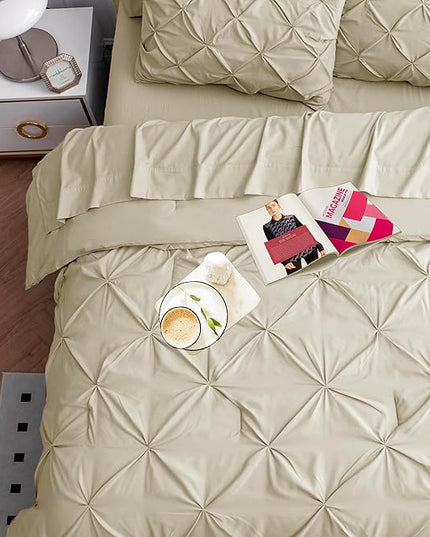 LANE LINEN California King Comforter Set, 7 Piece Cal King Bed in a Bag, Pintuck Cal King Bedding Set, Soft Cali King Bed Set, Cal King Bedding Comforter Sets with Sheets, Pillowcases & Shams - Linen - LeafyLoom