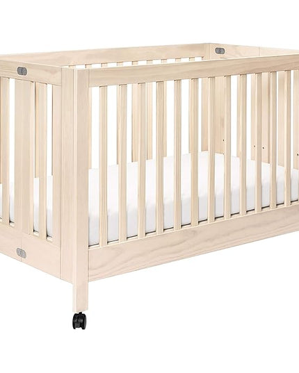 Babyletto Maki Full-Size 2-in-1 Portable Folding Crib with Toddler Bed Conversion Kit in Washed Natural, Greenguard Gold Certified - LeafyLoom