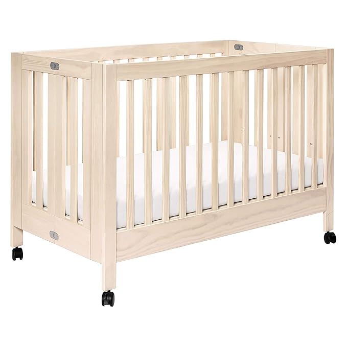 Babyletto Maki Full-Size 2-in-1 Portable Folding Crib with Toddler Bed Conversion Kit in Washed Natural, Greenguard Gold Certified - LeafyLoom
