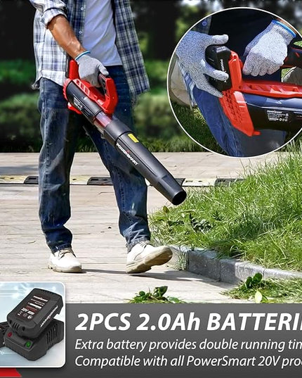 PowerSmart 20V Cordless Leaf Blower with 2 Batteries and Charger, Blowers for Lawn Care, Snow Blowing & Yard Cleaning - LeafyLoom