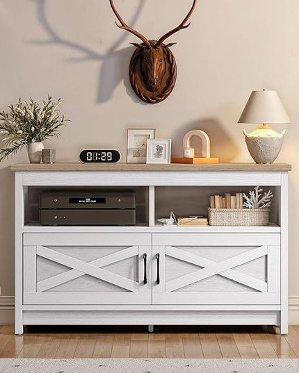 YITAHOME TV Stand with Power Outlet, Farmhouse Entertainment Center for up to 40 Inch TV, Modern TV Cabinet Media Console Table for Living Room, X-Shape Design, Grey White/Grey Wash - LeafyLoom