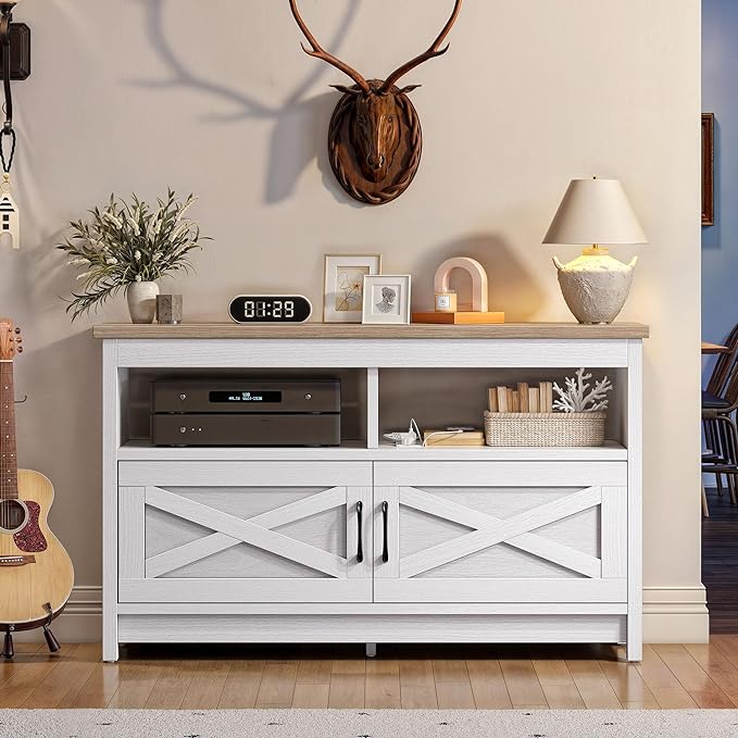 YITAHOME TV Stand with Power Outlet, Farmhouse Entertainment Center for up to 40 Inch TV, Modern TV Cabinet Media Console Table for Living Room, X-Shape Design, Grey White/Grey Wash - LeafyLoom
