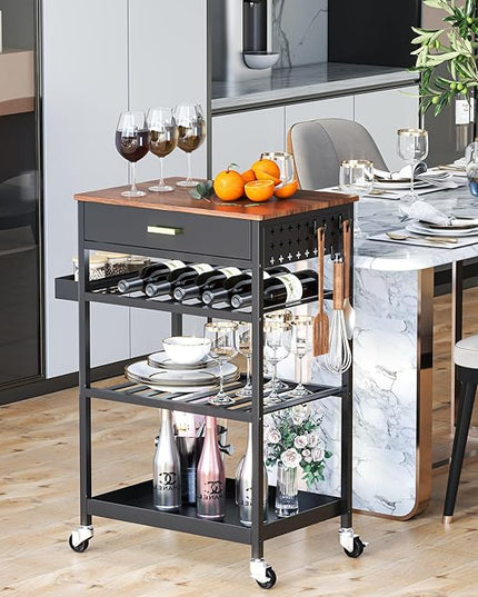TOOLF Kitchen Island Cart with Drawer, Rolling Kitchen Service Cart with Wooden Tabletop, 3-Tier Storage Cart on Wheels, Storage Trolley Cart with Hooks for Kitchen, Dining Room - LeafyLoom