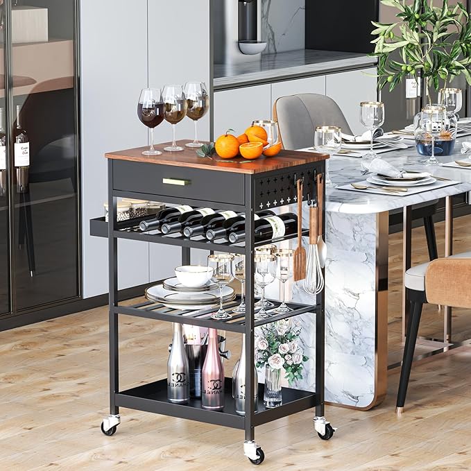 TOOLF Kitchen Island Cart with Drawer, Rolling Kitchen Service Cart with Wooden Tabletop, 3-Tier Storage Cart on Wheels, Storage Trolley Cart with Hooks for Kitchen, Dining Room - LeafyLoom