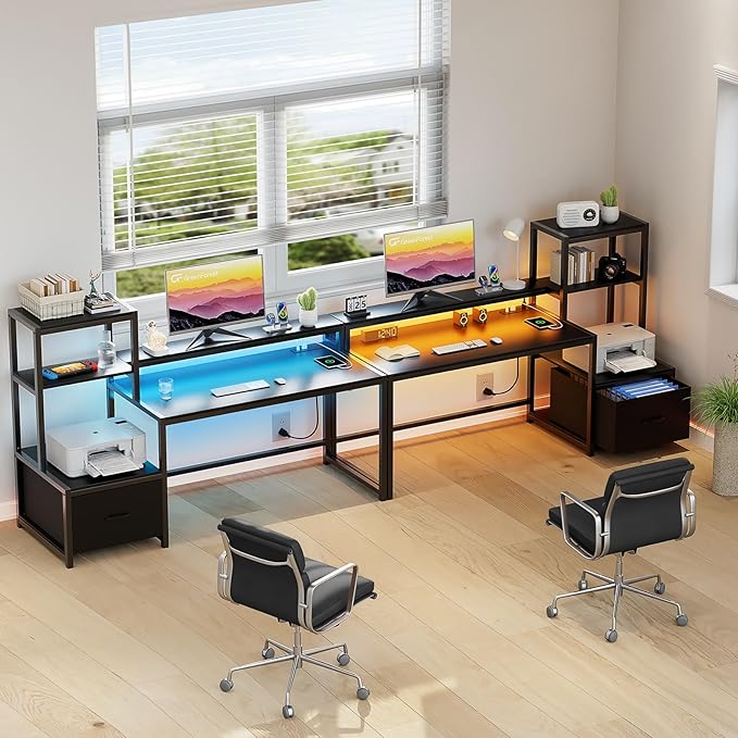 GreenForest Computer Desk with Drawer and Printer Shelf, 68.8 inch Gaming Desk with LED Lights and Power Outlets, Home Office Desk with Storage for Study Writing Working,Black - LeafyLoom