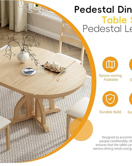 Farmhouse Round Pedestal 15.8" Removable Leaf, Extendable Kitchen w/Ladder Back Chairs, for Small Places, Room, 5 Piece Dining Table Set, Natural 16 - LeafyLoom