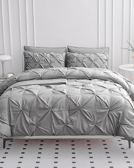 LANE LINEN 7 Piece Queen Comforter Set with Sheets, Pintuck Bedding Queen Size Set, Soft Bed in A Bag Queen, Pinch Pleated Queen Bed Set, Fluffy Queen Bedding Set with Pillowcases & Shams - Silver - LeafyLoom