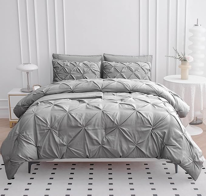 LANE LINEN Twin Comforter Set with Sheets, 5 Piece Twin Bed in a Bag Set, Pintuck Twin Bedding Sets, Ultra Soft Twin Bed Set, Fluffy Comforter, Twin Size Comforter Set with Pillowcases & Shams-Silver - LeafyLoom