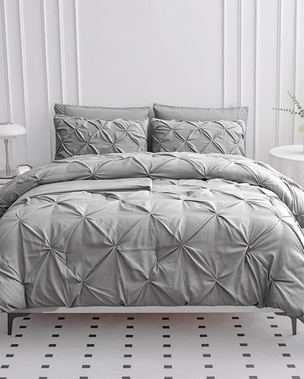 Lane Linen California King Comforter Set, 7 Piece Cal King Bed in a Bag, Pintuck Cal King Bedding Set, Soft Cali King Bed Set, Cal King Bedding Comforter Sets with Sheets, Pillowcases & Shams - Silver - LeafyLoom