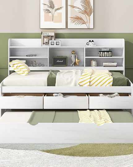 Twin Size Captain Bed with 3 Storage Drawers and Trundle, Wood Twin Bed Frame with Built-in Bookshelves for Kids Teens Adults, White Wash - LeafyLoom