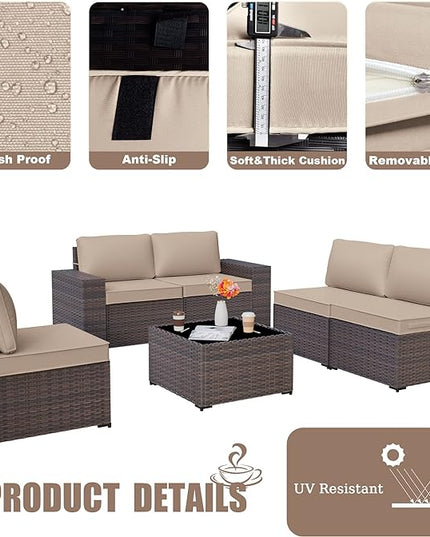 Patio Furniture Set Sofa 6-Piece Wicker Sectional Sofa Set, Outdoor Furniture Rattan Patio Sofa Conversation Set with Thickened Cushions and Glass Coffee Table, Sand - LeafyLoom
