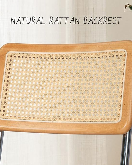 Dining Chair Set of 2, Mid-Century Modern Rattan Dining Chairs with Metal Chrome Legs, Natural Cane Backrest Upholstered for Home Kitchen，Dining Room and Patio, Deep Blue - LeafyLoom