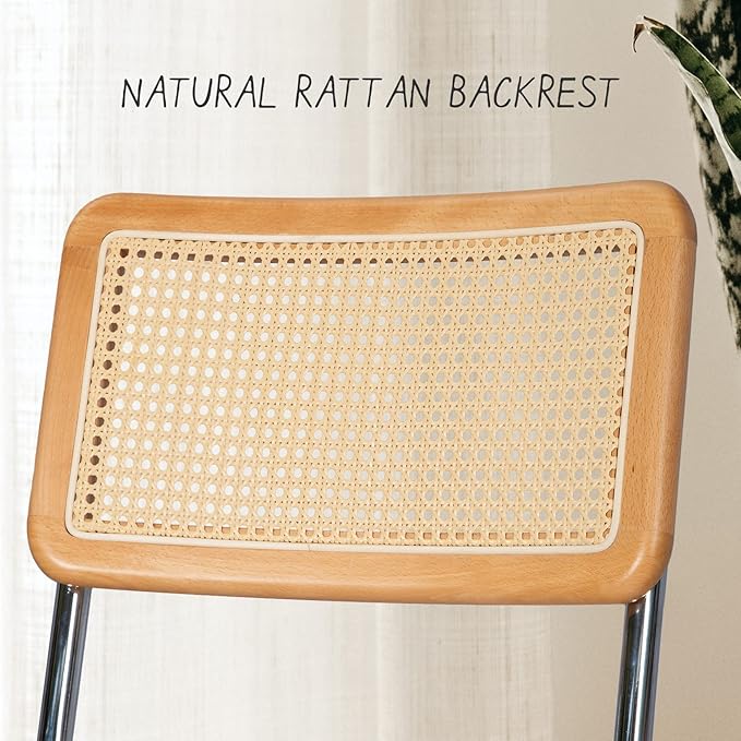 Dining Chair Set of 2, Mid-Century Modern Rattan Dining Chairs with Metal Chrome Legs, Natural Cane Backrest Upholstered for Home Kitchen，Dining Room and Patio, Deep Blue - LeafyLoom