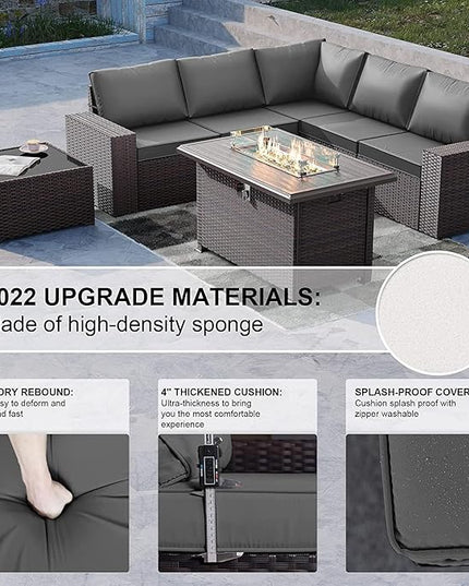 Kullavik 7 PCS Outdoor Patio Furniture Set with 43" 55000BTU Gas Propane Fire Pit Table PE Wicker Rattan Sectional Sofa Patio Conversation Sets for Outdoor,Grey - LeafyLoom