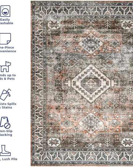 nuLOOM 5x8 Machine Washable Rain Haven Vintage Medallion Area Rug, Rust, Traditional Faded Design, Non-Slip Backing, Stain Resistant, For Bedroom, Dining Room, Living Room, Kitchen - LeafyLoom
